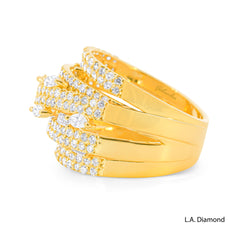 14k Yellow Gold Multi-Row Cross-Over Round, Baguette and Marquise Diamond Cut Ring - 2.15 CTW Natural Diamonds