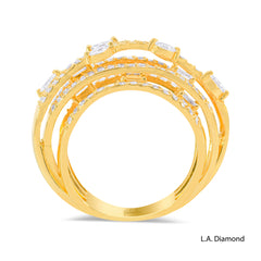 14k Yellow Gold Multi-Row Cross-Over Round, Baguette and Marquise Diamond Cut Ring - 2.15 CTW Natural Diamonds