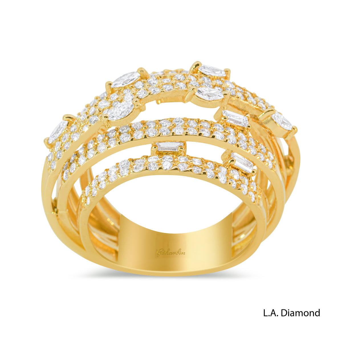 14k Yellow Gold Multi-Row Cross-Over Round, Baguette and Marquise Diamond Cut Ring - 2.15 CTW Natural Diamonds