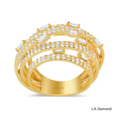 14k Yellow Gold Multi-Row Cross-Over Round, Baguette and Marquise Diamond Cut Ring - 2.15 CTW Natural Diamonds