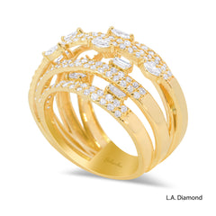 14k Yellow Gold Multi-Row Cross-Over Round, Baguette and Marquise Diamond Cut Ring - 2.15 CTW Natural Diamonds
