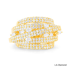 14k Yellow Gold Multi-Row Cross-Over Round, Baguette and Marquise Diamond Cut Ring - 2.15 CTW Natural Diamonds