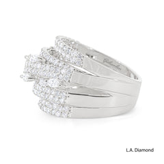 14k White Gold Multi-Row Cross-Over Round, Baguette and Marquise Diamond Cut Ring - 2.15 CTW Natural Diamonds
