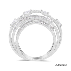 14k White Gold Multi-Row Cross-Over Round, Baguette and Marquise Diamond Cut Ring - 2.15 CTW Natural Diamonds