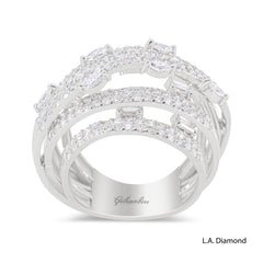 14k White Gold Multi-Row Cross-Over Round, Baguette and Marquise Diamond Cut Ring - 2.15 CTW Natural Diamonds