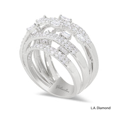 14k White Gold Multi-Row Cross-Over Round, Baguette and Marquise Diamond Cut Ring - 2.15 CTW Natural Diamonds