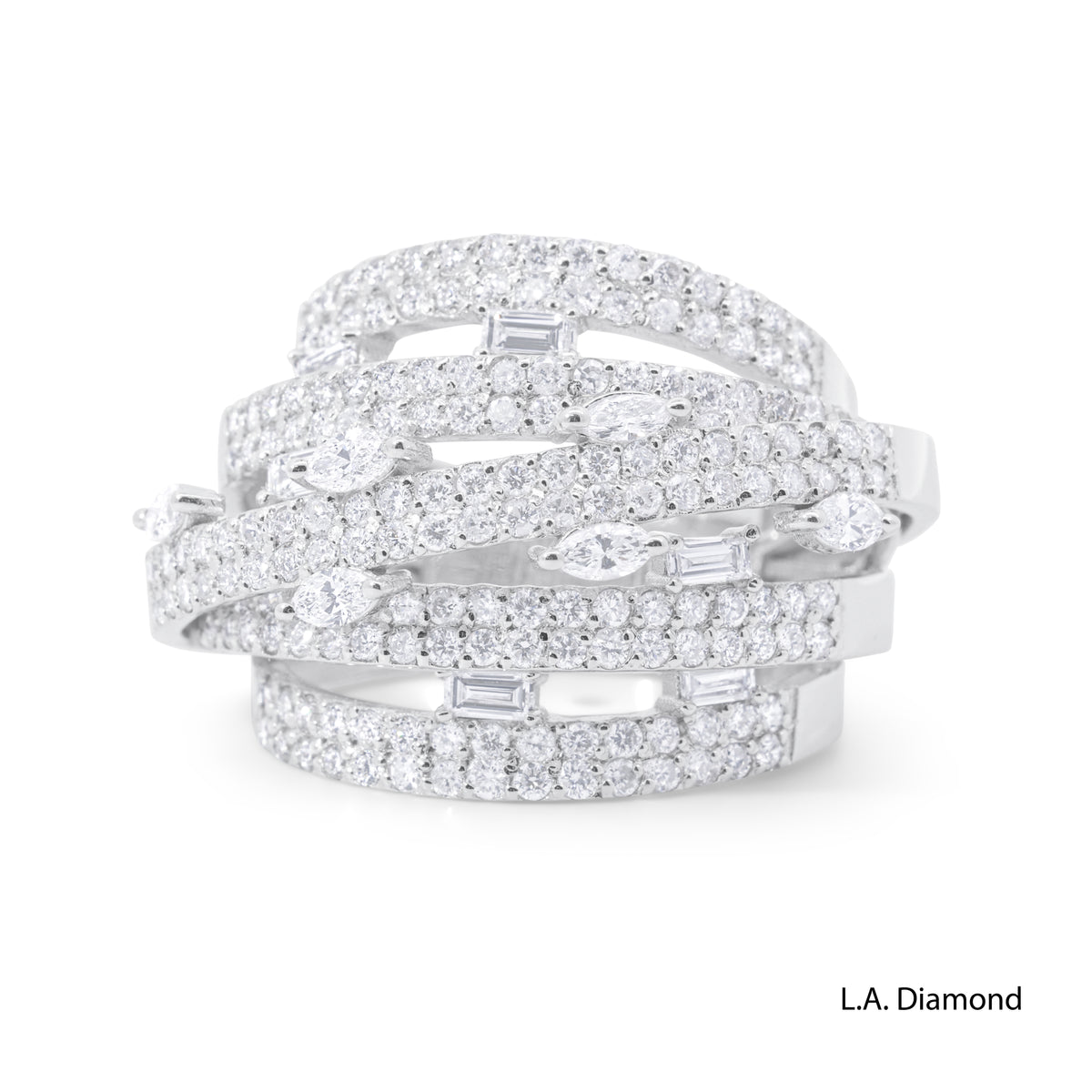 14k White Gold Multi-Row Cross-Over Round, Baguette and Marquise Diamond Cut Ring - 2.15 CTW Natural Diamonds