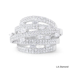14k White Gold Multi-Row Cross-Over Round, Baguette and Marquise Diamond Cut Ring - 2.15 CTW Natural Diamonds