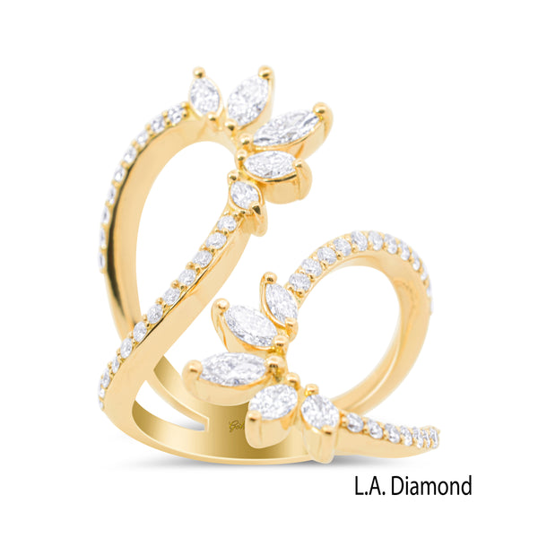 La Diamond Asymmetric Marquise and Round Diamond Curve Statement Ring in 14k Yellow Gold