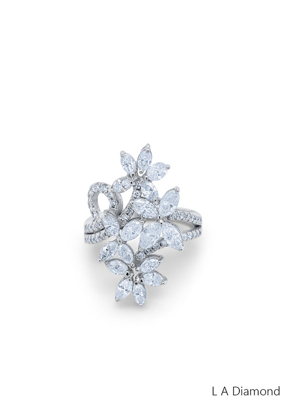 14K White Gold Marquise Diamond Floral Cluster Ring (2.50 ct) - LA DIAMOND
