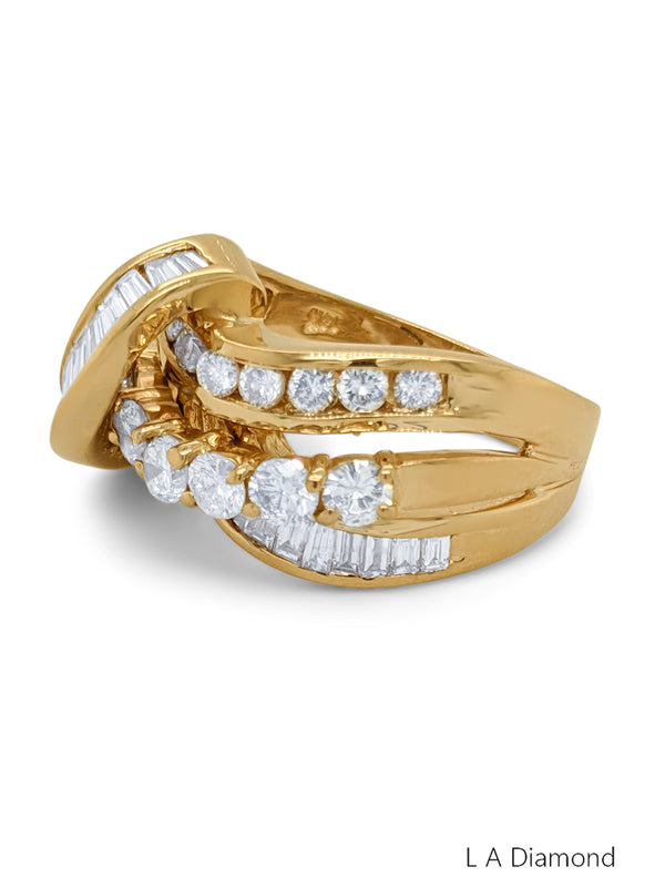 14K Yellow Gold Round & Baguette Diamond Crossover Ring (3.00 ct) - LA DIAMOND
