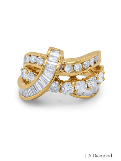 14K Yellow Gold Round & Baguette Diamond Crossover Ring (3.00 ct)