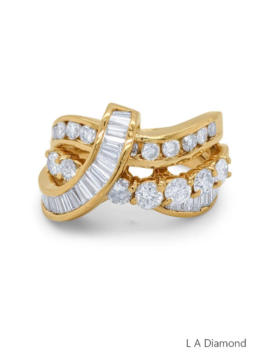 14K Yellow Gold Round & Baguette Diamond Crossover Ring (3.00 ct)
