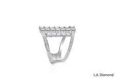 18K Solid White Gold Round and Baguette Diamond Ring