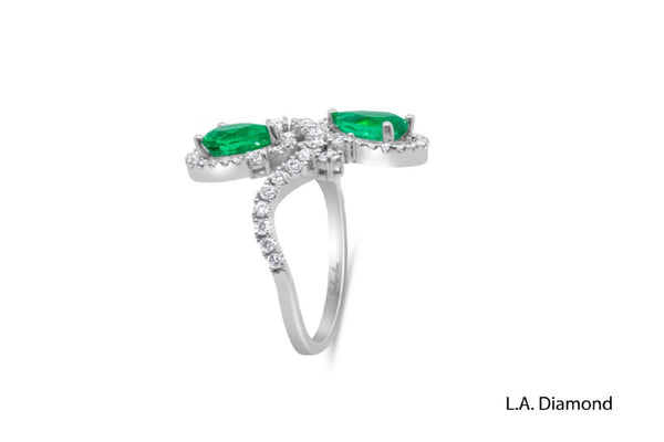 14K White Gold Emerald & Diamond Bypass Cocktail Ring (2.14 CTW)