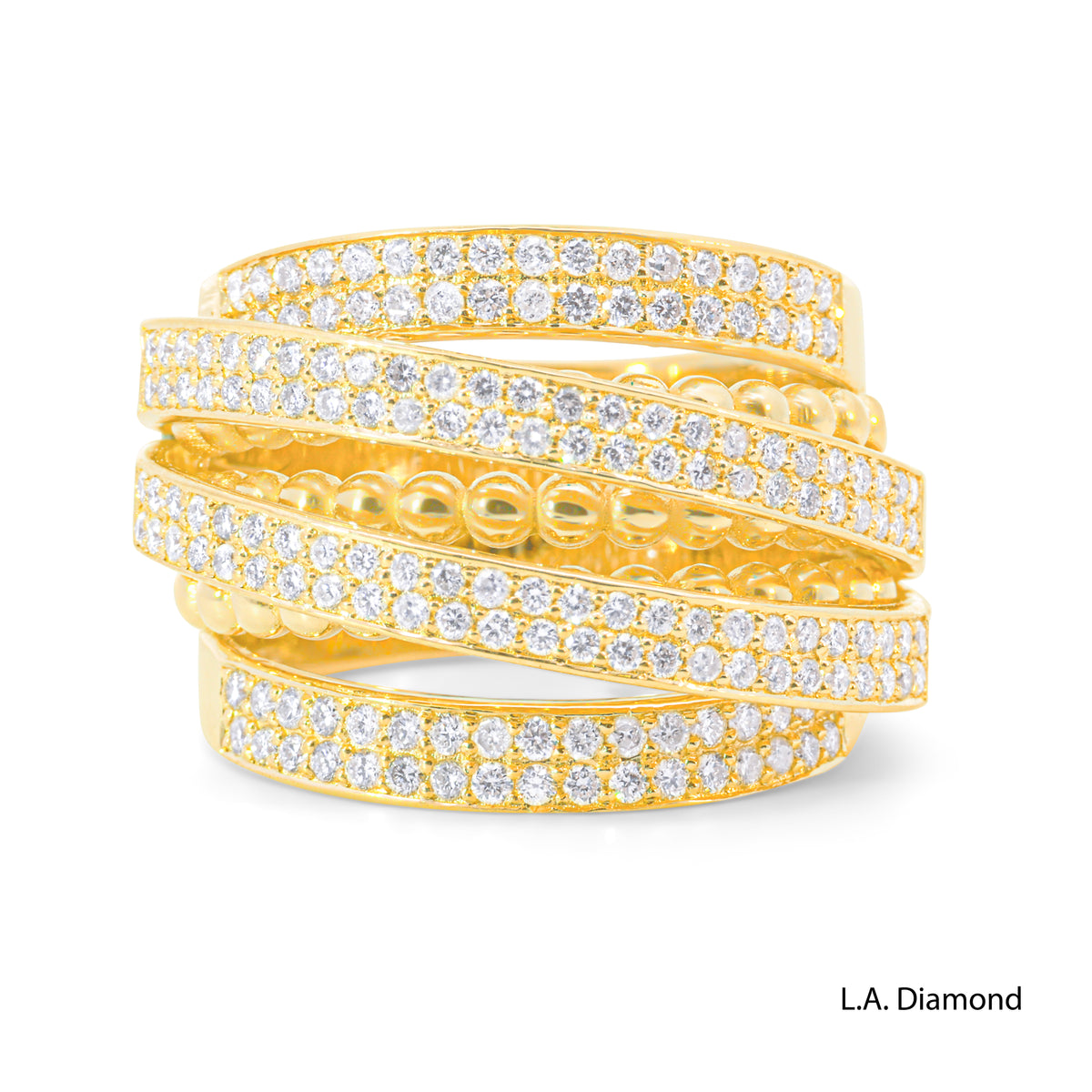 14k Yellow Gold Multi-Row Band Ring with Natural Diamonds