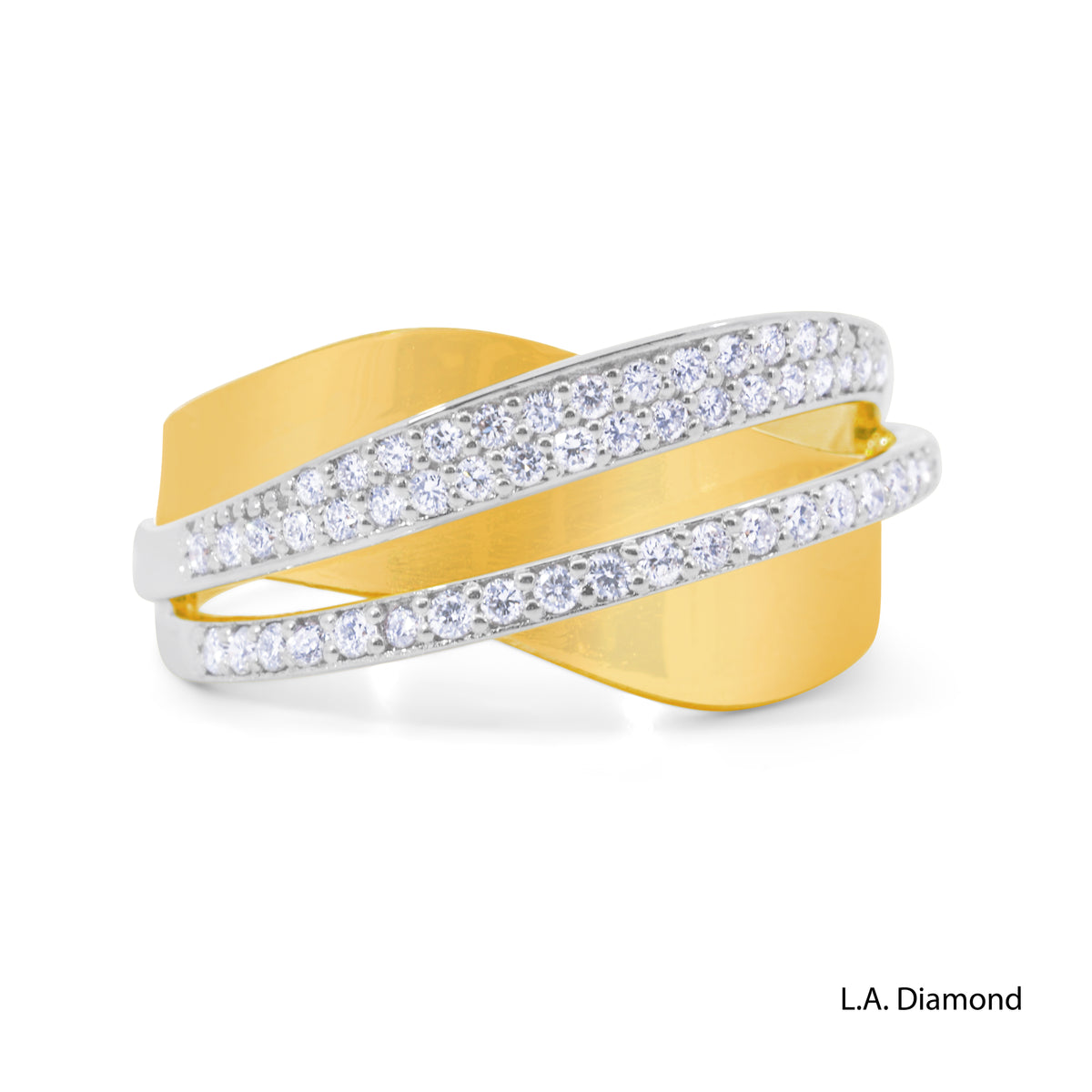 14k Two-Tone Gold Cross-Over Diamond Pavé Ring