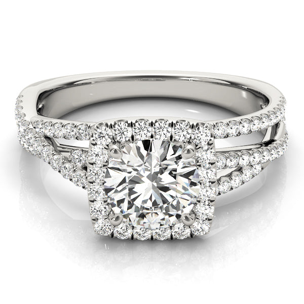 Round Brilliant Diamond Cushion Halo Engagement Ring with Multi-Row Twisted Shank in White Gold