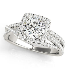 Round Brilliant Diamond Cushion Halo Engagement Ring with Multi-Row Twisted Shank in White Gold