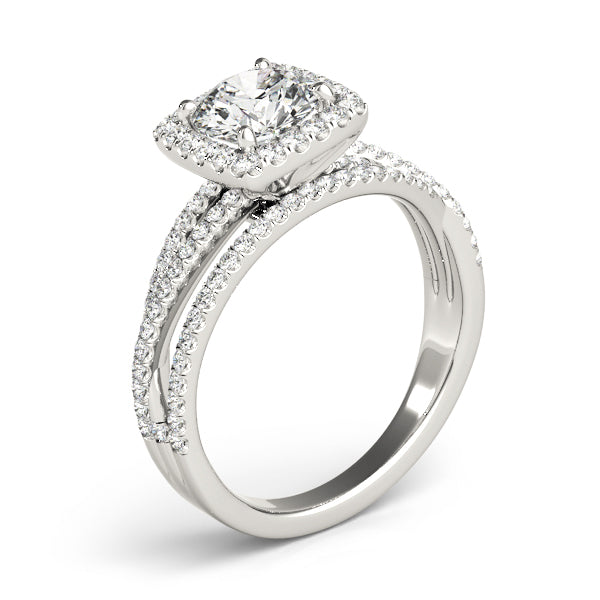 Round Brilliant Diamond Cushion Halo Engagement Ring with Multi-Row Twisted Shank in White Gold