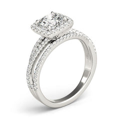 Round Brilliant Diamond Cushion Halo Engagement Ring with Multi-Row Twisted Shank in White Gold