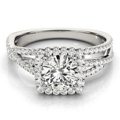 Round Brilliant Diamond Cushion Halo Engagement Ring with Multi-Row Twisted Shank in White Gold