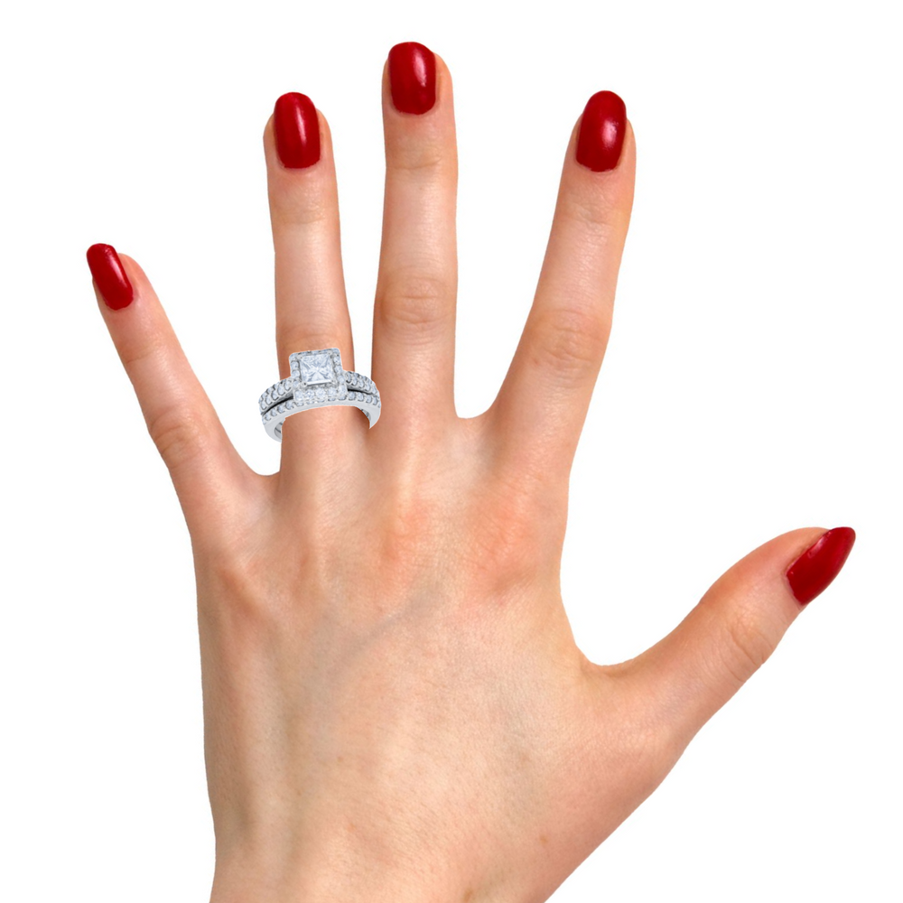 14k White Gold Diamond Princess And Round Cut Engagement Ring Set 1.15c - LA DIAMOND