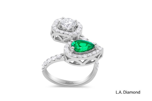 Two-Stone Open Diamond & Emerald Ring (14K White Gold)