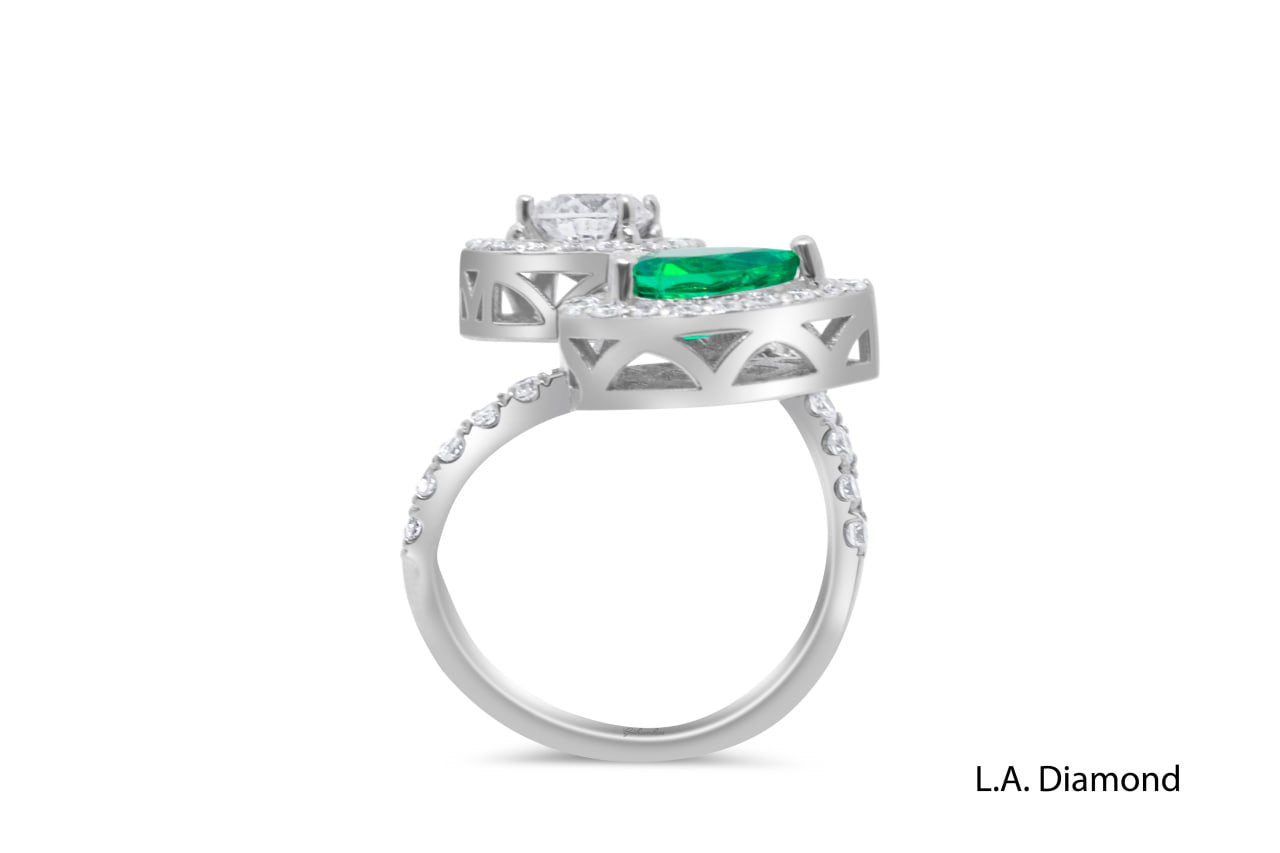 Two-Stone Open Diamond & Emerald Ring (14K White Gold)