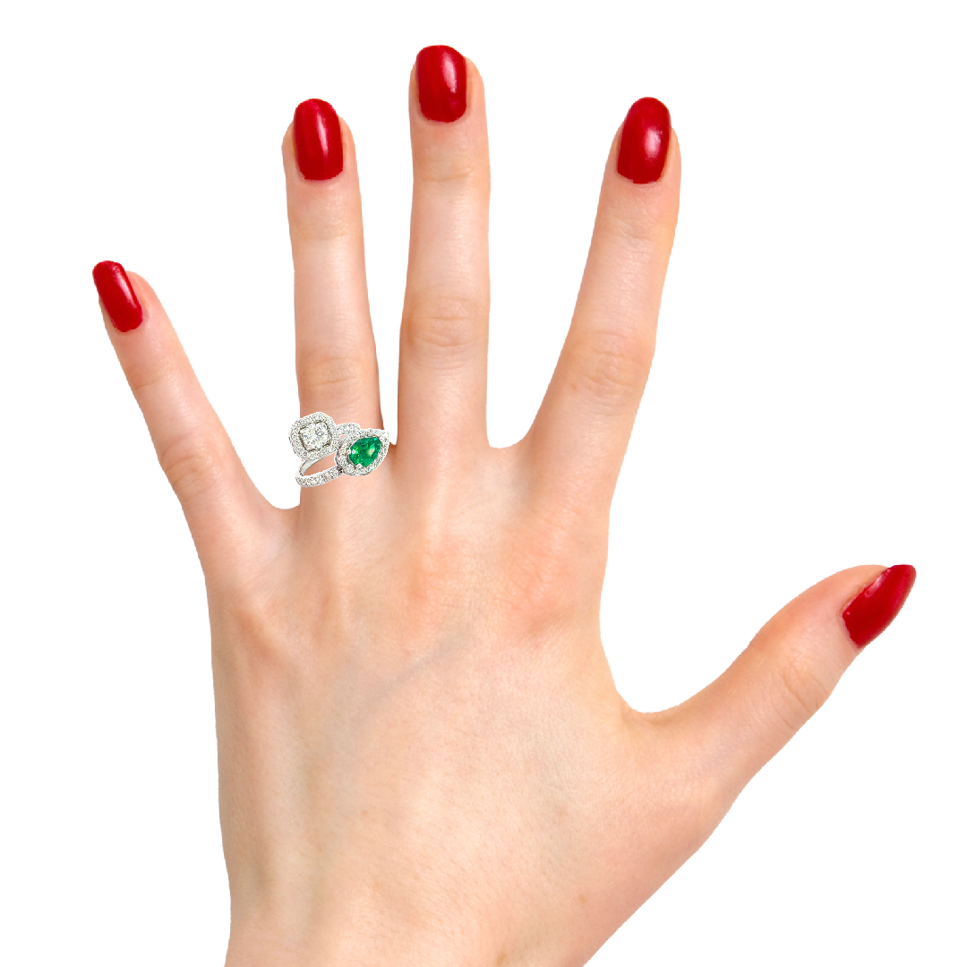 Two-Stone Open Diamond & Emerald Ring (14K White Gold)