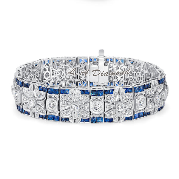 14K White Gold Diamond & Sapphire Floral Link Bracelet (12.50 ct)