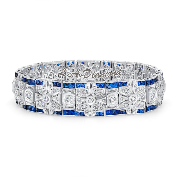 14K White Gold Diamond & Sapphire Floral Link Bracelet (12.50 ct)