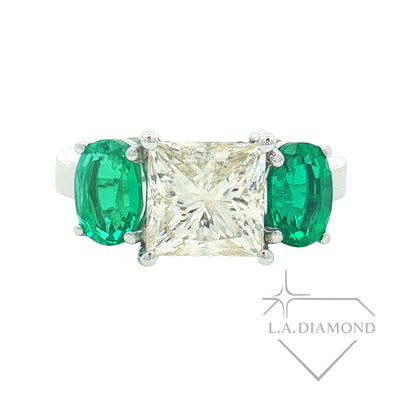 14K White Gold Three-Stone Ring with Princess Cut Diamond & Oval Emeralds | 2.76 CT E Color Diamond