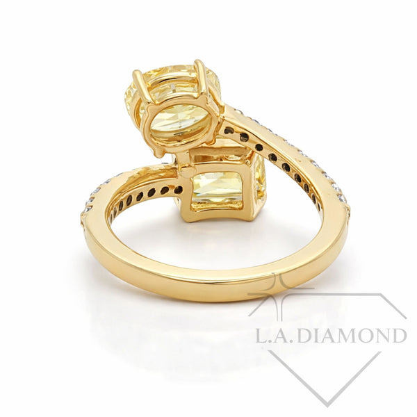 Fancy Yellow Diamond Toi et Moi Ring in 14K Yellow Gold| Pave Accent Diamonds | 3.80ct Designer Statement