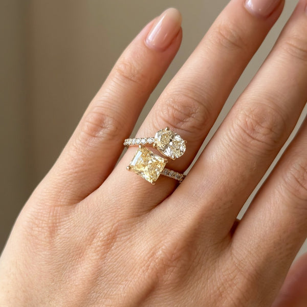 Fancy Yellow Diamond Toi et Moi Ring in 14K Yellow Gold| Pave Accent Diamonds | 3.80ct Designer Statement