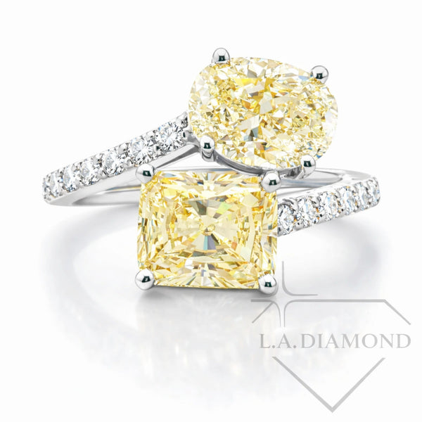 Fancy Yellow Diamond Toi et Moi Ring in 14K Yellow Gold| Pave Accent Diamonds | 3.80ct Designer Statement