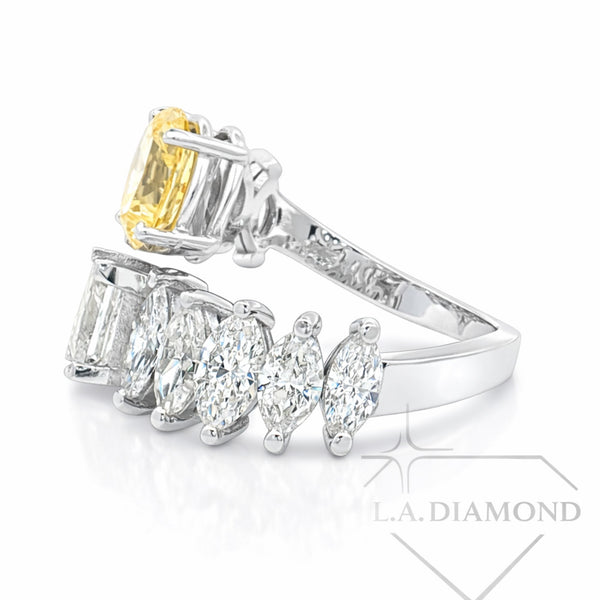 Two-Stone Fancy Yellow Oval & Princess Cut Diamond Ring in 14K White Gold | Marquise Accent Diamonds | Designer Statement Band