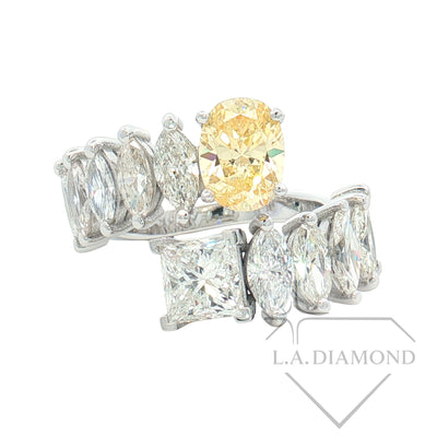 Two-Stone Fancy Yellow Oval & Princess Cut Diamond Ring in 14K White Gold | Marquise Accent Diamonds | Designer Statement Band