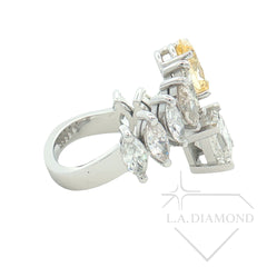 Two-Stone Fancy Yellow Oval & Princess Cut Diamond Ring in 14K White Gold | Marquise Accent Diamonds | Designer Statement Band