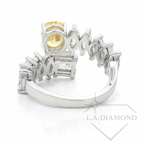 Two-Stone Fancy Yellow Oval & Princess Cut Diamond Ring in 14K White Gold | Marquise Accent Diamonds | Designer Statement Band