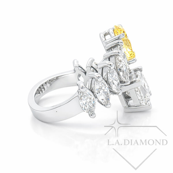 Two-Stone Fancy Yellow Oval & Princess Cut Diamond Ring in 14K White Gold | Marquise Accent Diamonds | Designer Statement Band