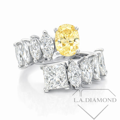 Two-Stone Fancy Yellow Oval & Princess Cut Diamond Ring in 14K White Gold | Marquise Accent Diamonds | Designer Statement Band