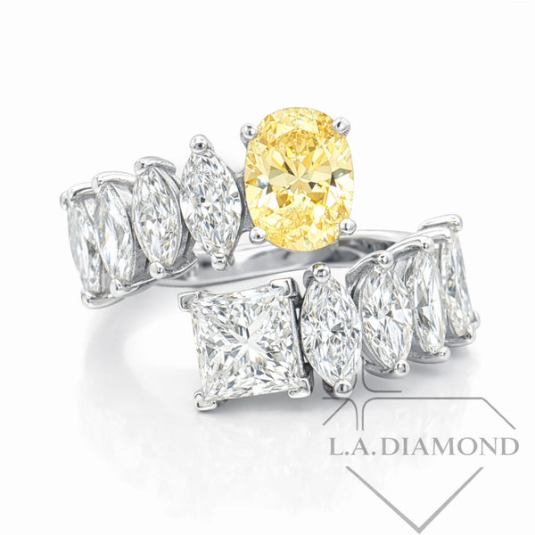 Two-Stone Fancy Yellow Oval & Princess Cut Diamond Ring in 14K White Gold | Marquise Accent Diamonds | Designer Statement Band