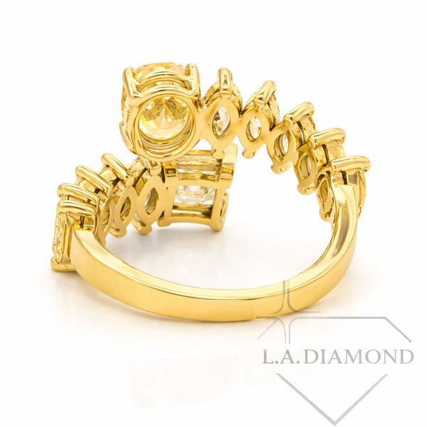 Two-Stone Fancy Yellow Oval & Princess Cut Diamond Ring in 14K White Gold | Marquise Accent Diamonds | Designer Statement Band
