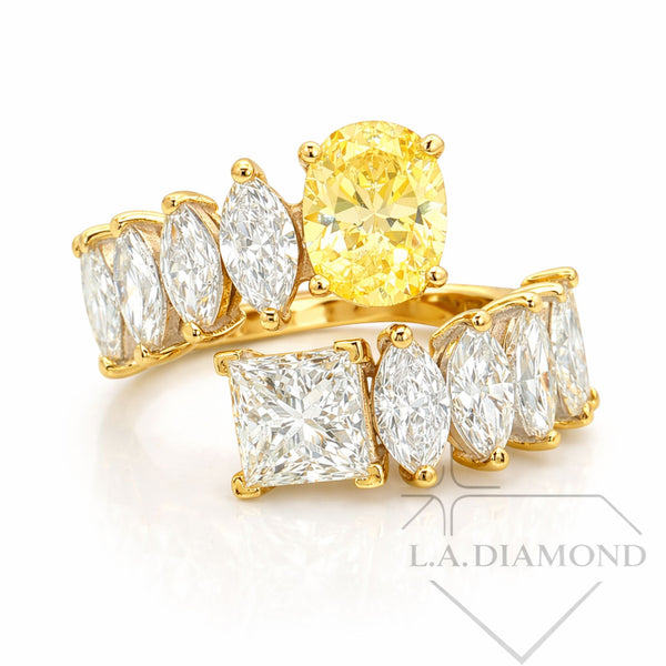 Two-Stone Fancy Yellow Oval & Princess Cut Diamond Ring in 14K White Gold | Marquise Accent Diamonds | Designer Statement Band