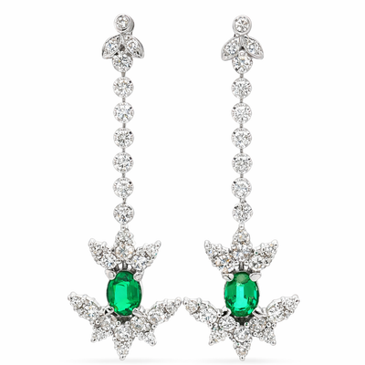 18K White Gold Emerald & Diamond Drop Earrings – Emerald and Diamond Dangle Earrings