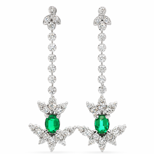 18K White Gold Emerald & Diamond Drop Earrings – Emerald and Diamond Dangle Earrings - LA DIAMOND