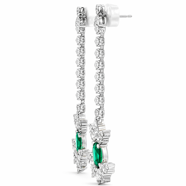 18K White Gold Emerald & Diamond Drop Earrings – Emerald and Diamond Dangle Earrings - LA DIAMOND