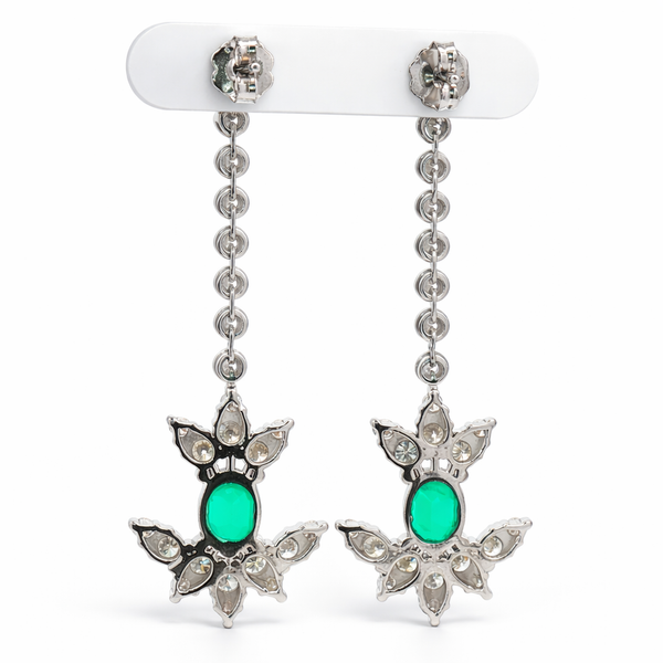 18K White Gold Emerald & Diamond Drop Earrings – Emerald and Diamond Dangle Earrings - LA DIAMOND
