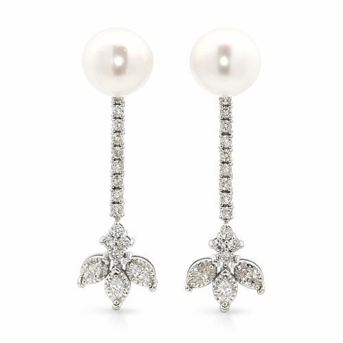 14K White Gold Pearl & Diamond Drop Earrings – Long Diamond Dangle Earrings - LA DIAMOND